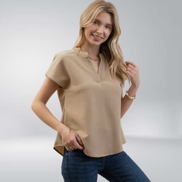 Split Neck Drop Shoulder Light Weight Blouse - Khaki - Picture 1 of 1